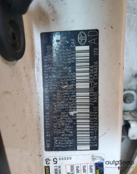 2007 Toyota Corolla Ce z USA, uszkodzony, nr VIN 2T1BR32E97C727405